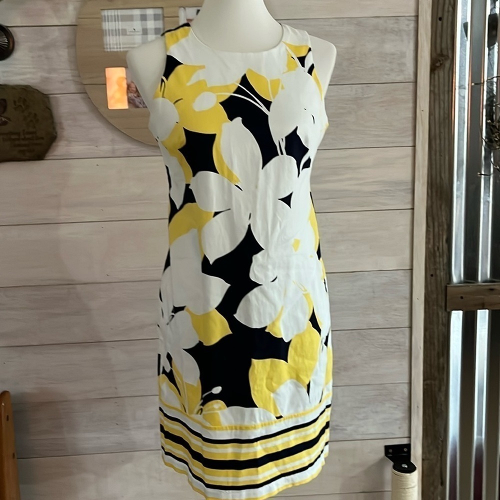 London Times Yellow Navy Flower Dress 8
